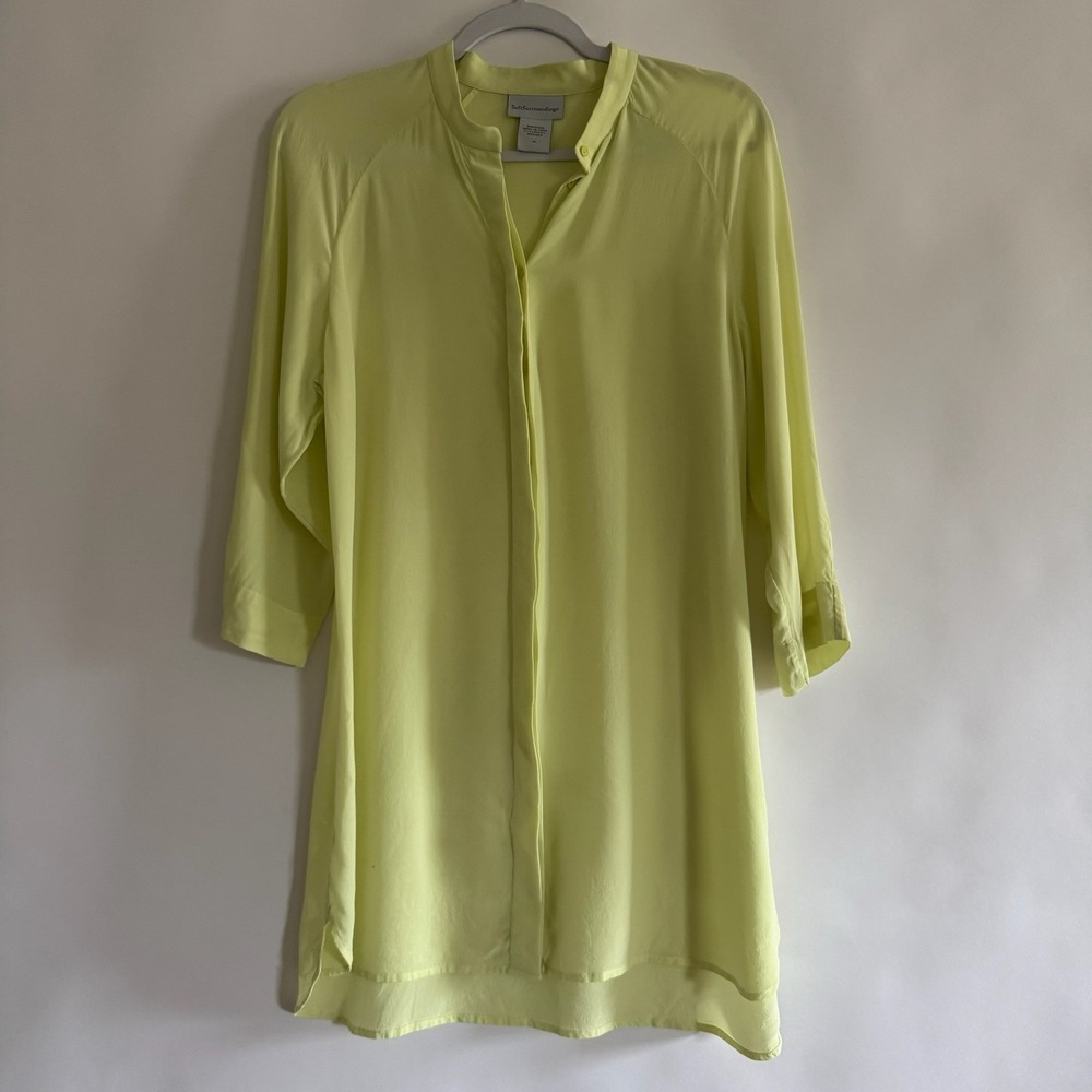 Soft Surroundings Silk Button Up Blouse Tunic Med Soft Yellow Green 3/4 Sleeve